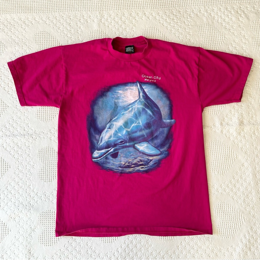 Vintage Ocean City Maryland Shirt Tee Womens Large Pink Dolphin OCMD Beach Ocean